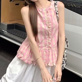KUMI-Crew Neck Gingham Frill Trim Tank Top