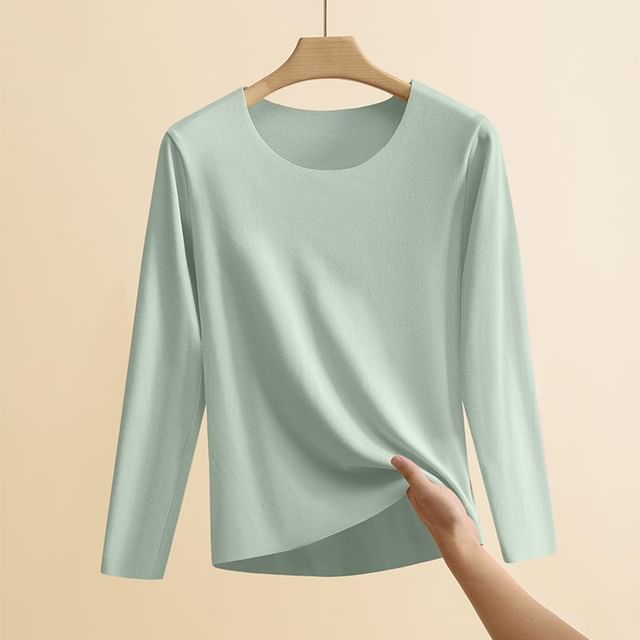 KUMI-Long-Sleeve Crewneck Plain Top