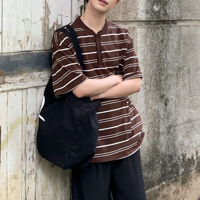 DAZO Studios-Short-Sleeve Henley Striped T-Shirt