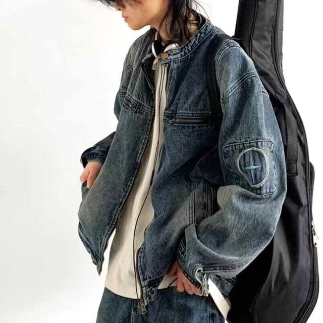 Real Boy-Stand Collared Washed Denim Zip Jacket