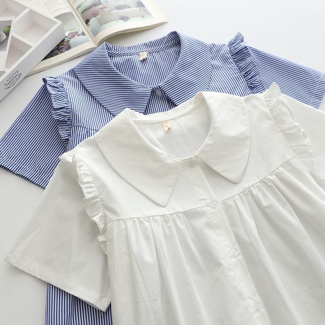 PANDAGO-Short-Sleeve Collared Ruffle Gathered Blouse