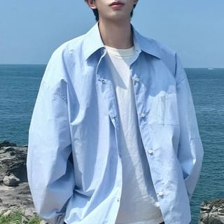 Posive-Long Sleeve Collared Plain Shirt