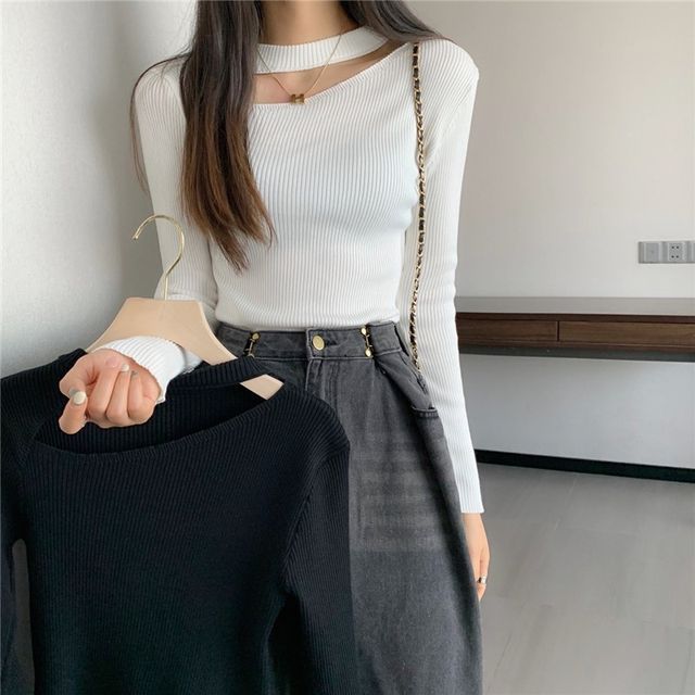 Mikiko-Long-Sleeve Crew Neck Plain Cutout Ribbed Knit Top