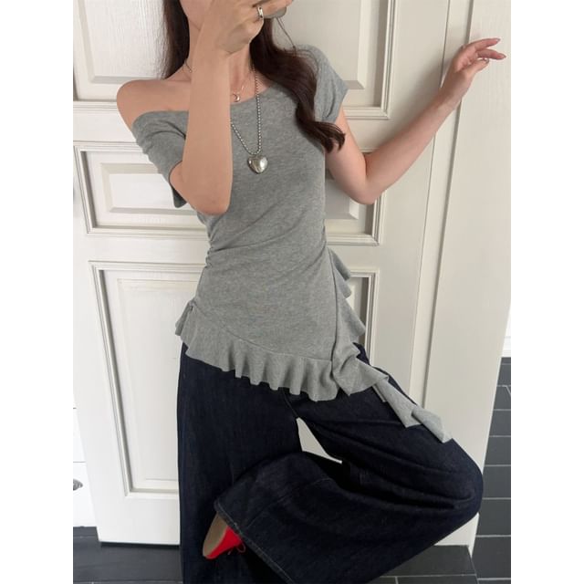 Beem-Short-Sleeve Off-Shoulder Plain Asymmetrical Ruffle Hem Slim Fit T-Shirt