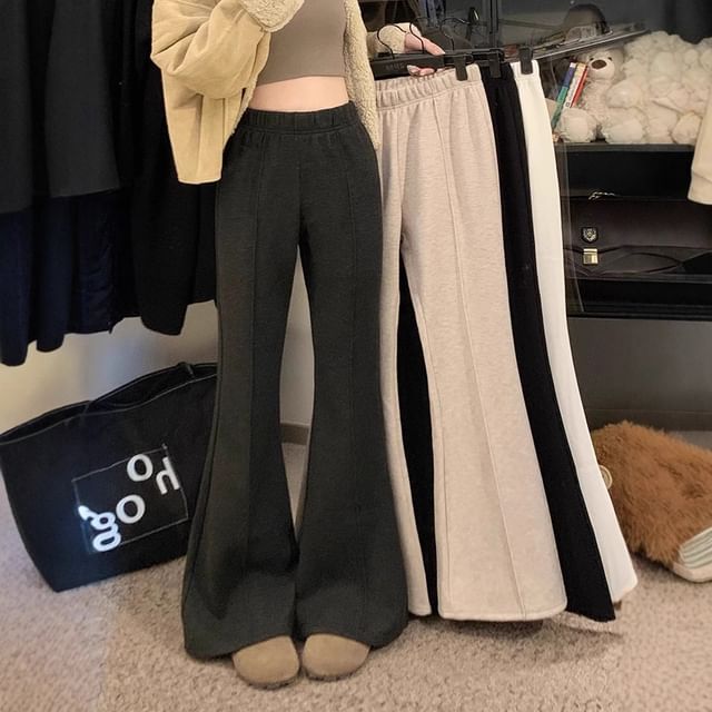 Trendycas-Elastic Waist Plain Fleece-Lined Flared Pants