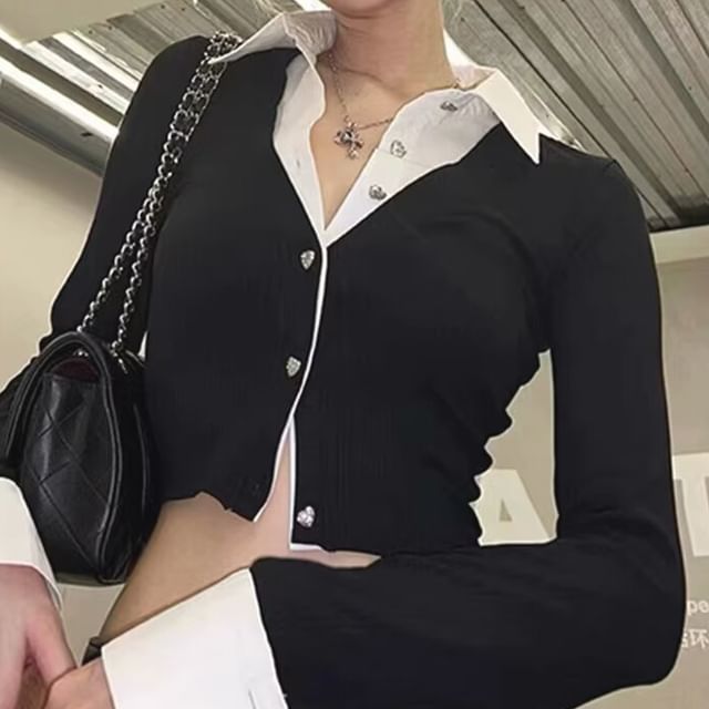 Larlige-Two Tone Mock Two-Piece Crop Shirt
