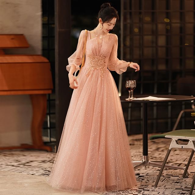 DreesHouse-Puff-Sleeve Sequin A-Line Evening Gown