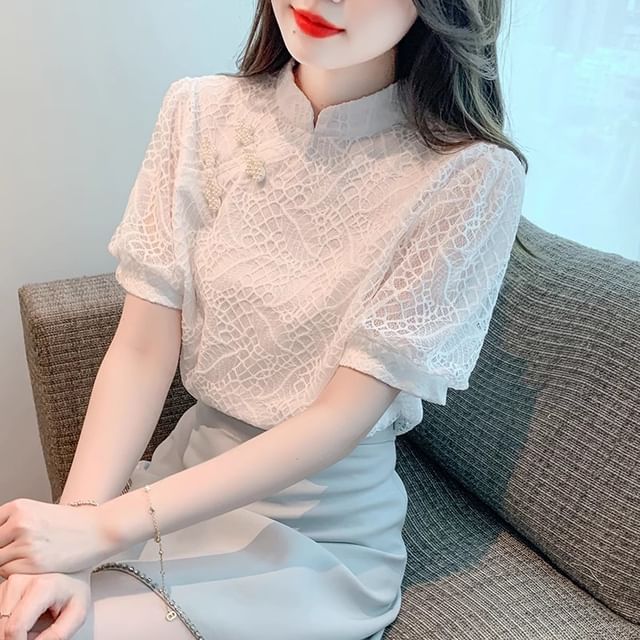 Dragan Pulse-Elbow-Sleeve Stand Collar Frog Buttoned Lace Blouse