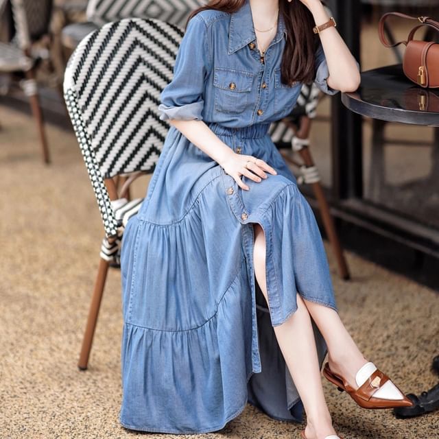 Hippsity - 3/4-Sleeve Collared Denim Midi Shirt Dress | YesStyle Hippsity - 3/4-Sleeve Collared Denim Midi Shirt Dress | YesStyle