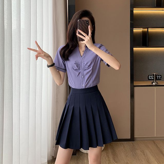 Pleated Skirt Navy Button Skirt Eliza Pleated Skirt Navy Women's