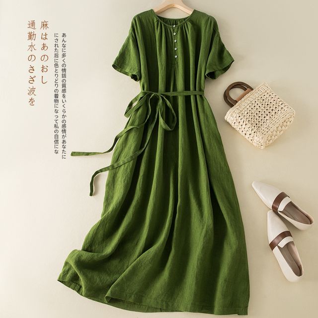 ZIMO - Short-Sleeve Sashed Linen A-Line Midi Dress | YesStyle