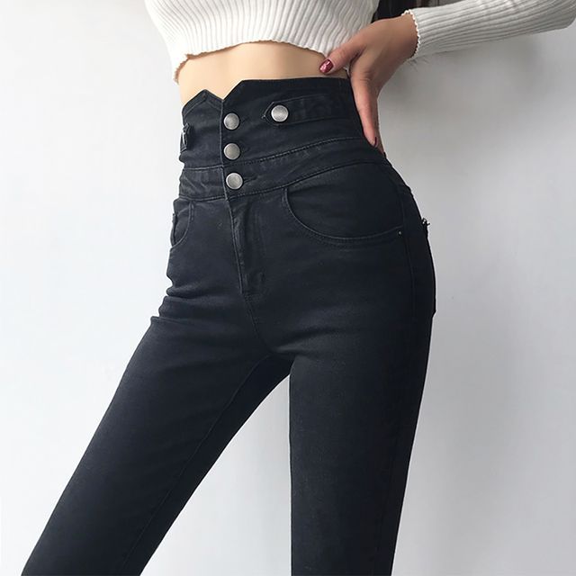 Everose-High Rise Plain Button-Fly Skinny Jeans