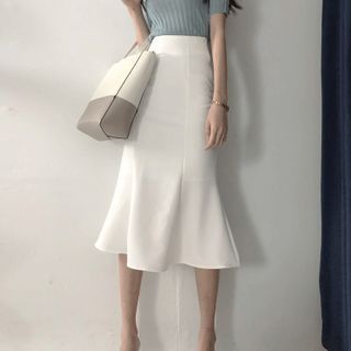 HANSHOW - Plain Ruffle Hem Midi Pencil Skirt | YesStyle