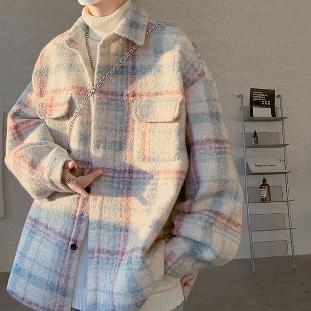 Freehop-Plaid Pocket Detail Oversized Shacket