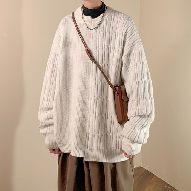 emeisa-Crew Neck Plain Asymmetrical Cable Knit Sweater