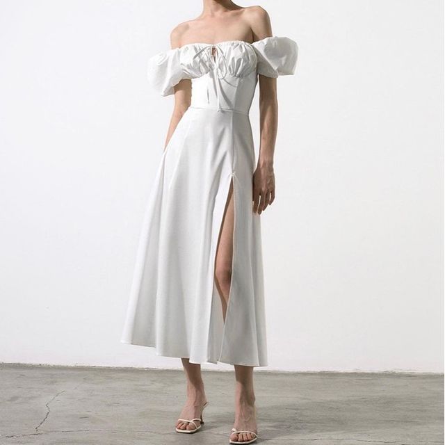 Beamz - Puff-Sleeve Off-Shoulder Midi Dress | YesStyle