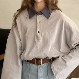 Kukaro - Color Panel Long Sleeve Polo Shirt | YesStyle