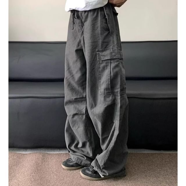 Diphon-Drawstring Waist Plain Washed Wide Leg Cargo Pants