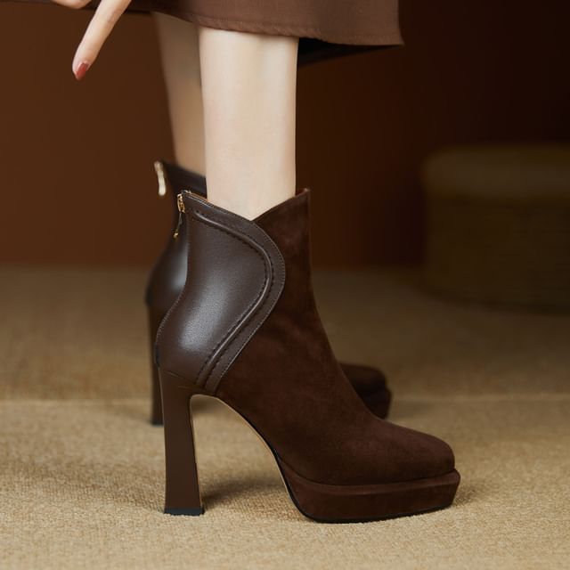 Anran-Block Heel Faux Leather Ankle Boots