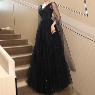Caprice Sleeveless V-Neck Mesh Panel Floral Accent Sequin A-Line Evening Gown Sale