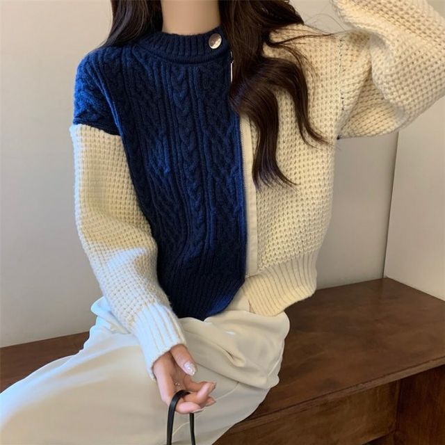Crew Neck Two Tone Asymmetrical Cable Knit Zip-Up Cardigan