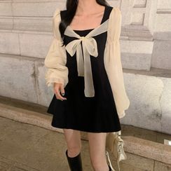 Antoinine - Puff-Sleeve Bow Paneled A-Line Dress Antoinine - Puff-Sleeve Bow Paneled A-Line Dress