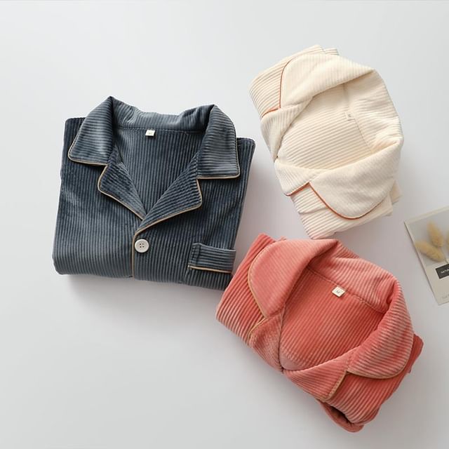 Dazzli-Pajama Set Long-Sleeve Lapel Collar Contrast Trim Button-Up Fleece Top Pants Various Designs