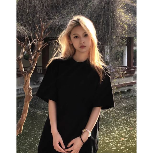 Samso-Elbow-Sleeve Crewneck Plain Tee