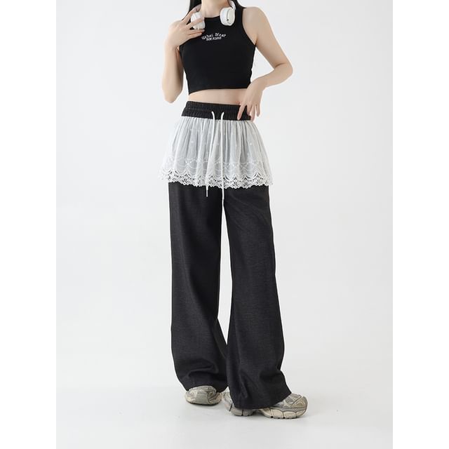 Amyway-Drawstring Waist Lace Panel Baggy Pants