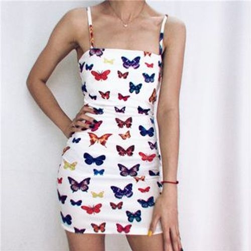 Cincine Spaghetti Strap Mini Butterfly Print Dress YesStyle