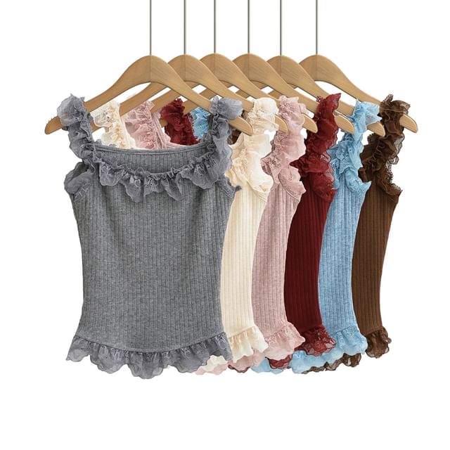 Ulark-Plain Ruffle Ribbed Cami Top