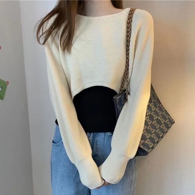 Sisyphi-Long-Sleeve Plain Crop Knit Top