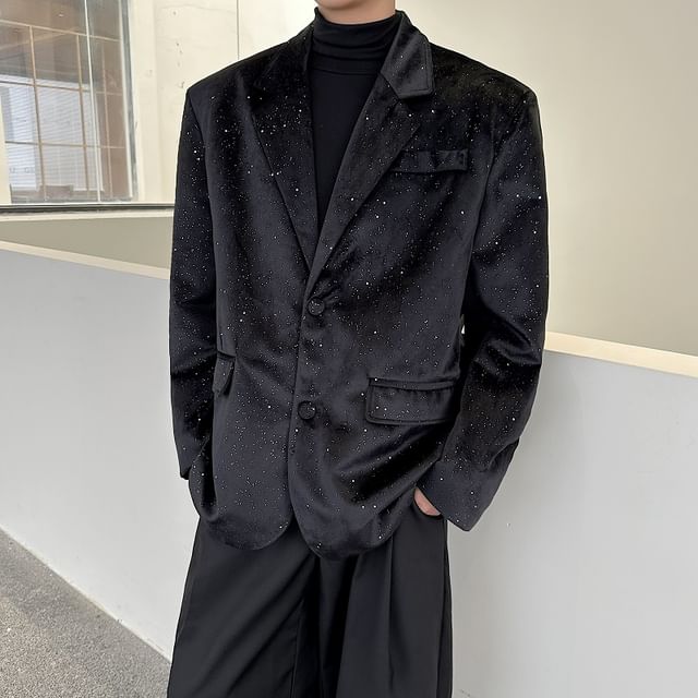 Bjorn-Notch Lapel Plain Glitter Single Breasted Blazer