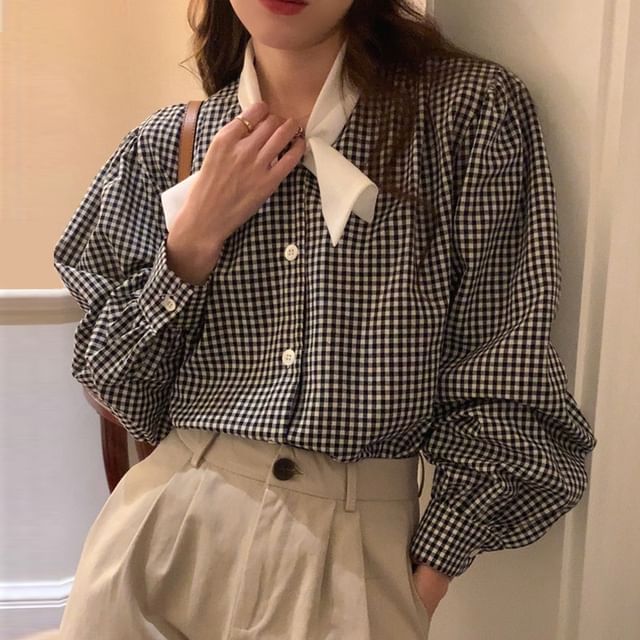 Alfie-Long-Sleeve Stand Collar Gingham Contrast Trim Button-Up Blouse