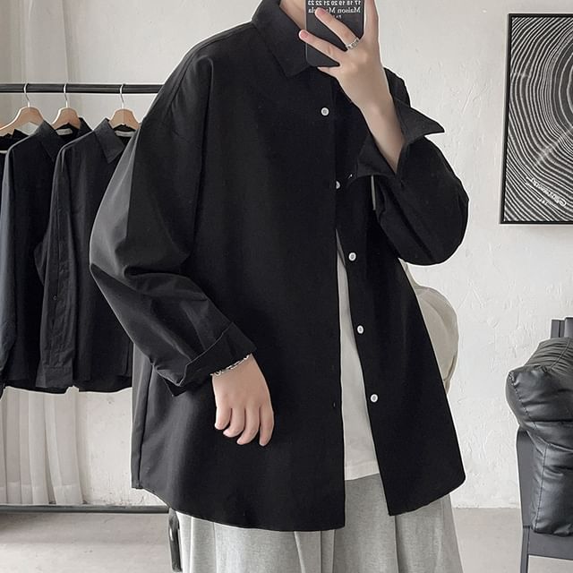 YERGO-Long Sleeve Collared Plain Shirt