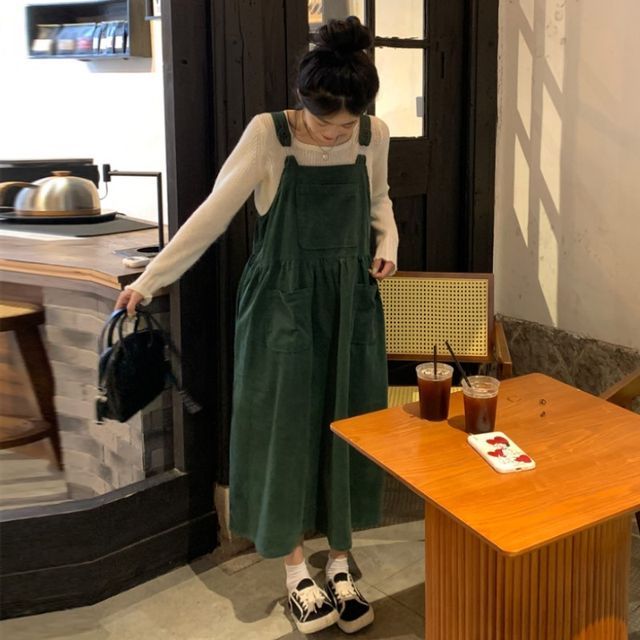Dute - Square Neck Plain Corduroy Midi A-Line Pinafore Dress | YesStyle