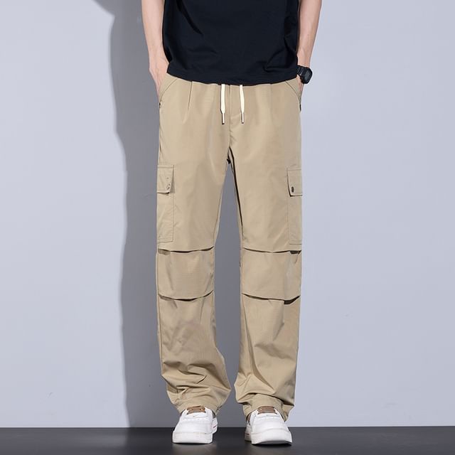 Denimic-Drawstring Waist Plain Loose Fit Cargo Pants