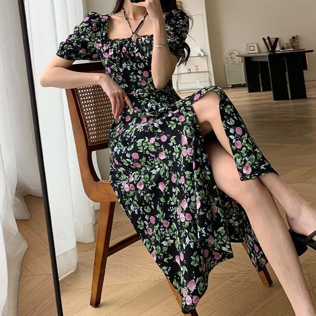 Cloud Nine - Puff-Sleeve Square Neck Floral Print Slit Midi A-Line Dress |  YesStyle