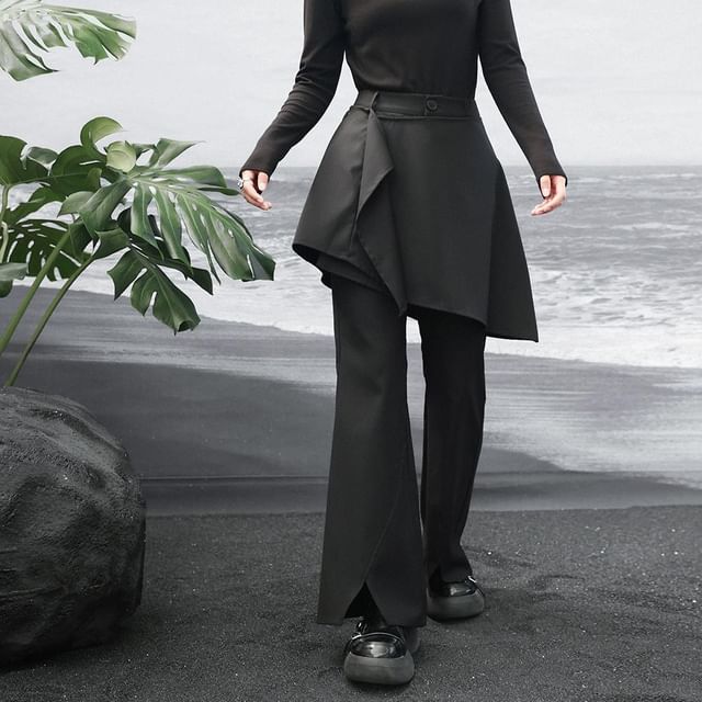 Nekomata-High Waist Plain Skirt Overlay Flared Pants