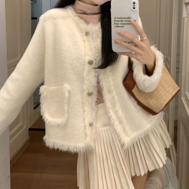 Beem-Round Neck Plain Fray Cardigan