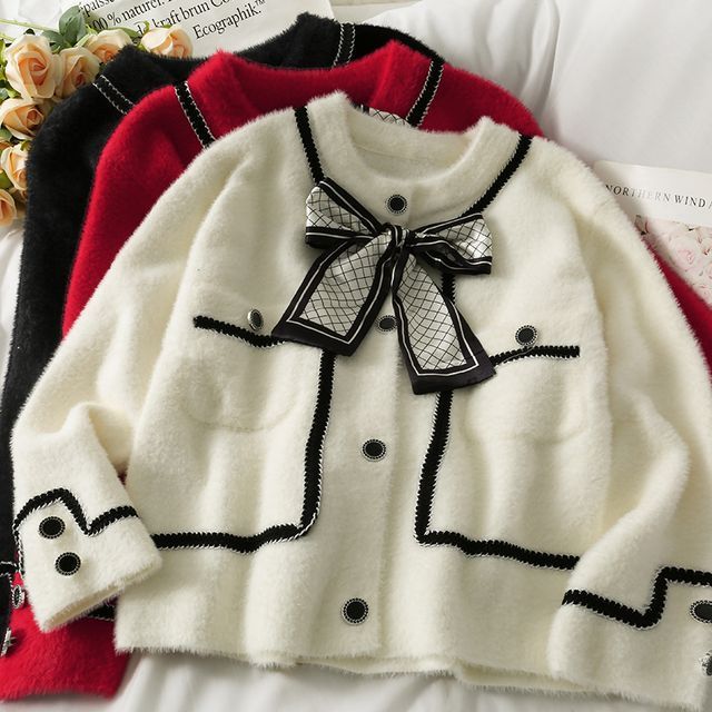 Lemongrass-Contrasted Ribbon-Accent Knit Cardigan