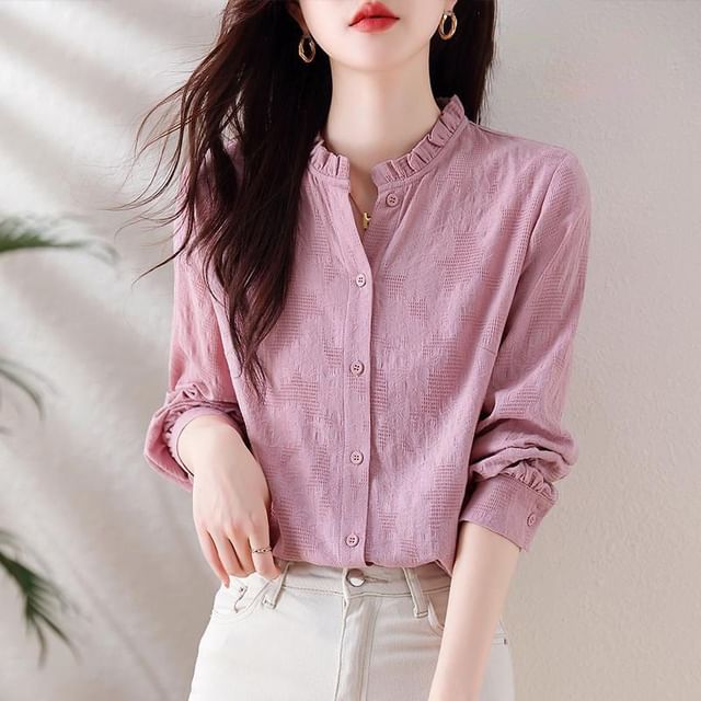 INEN-Long-Sleeve Plain Frill Trim Shirt