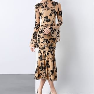 Aurora - Flare-Sleeve Mock Neck Lace Midi Mermaid Dress | YesStyle
