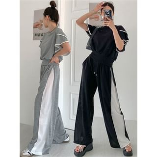 Chubby Girl Set: Short-Sleeve Two-Tone Top + Drawstring Waist Boot-Cut Pants Sale
