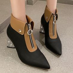Weiya - Pointed Rhinestone Block Heel Ankle Boots
