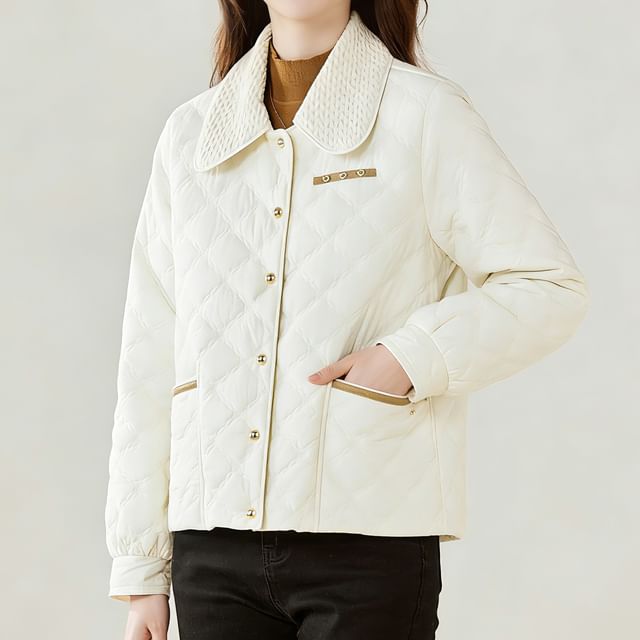 Jeonseon-M Plain Quilted Collared Button-Up Jacket