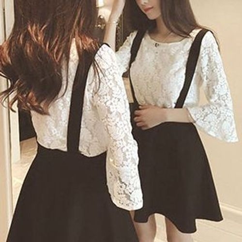 QZ Lady - Set: 3/4-Sleeve Lace Top + Jumper Skirt | YesStyle