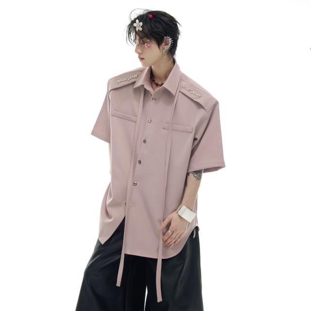 kooklay-Short Sleeve Collared Plain Panel Shirt