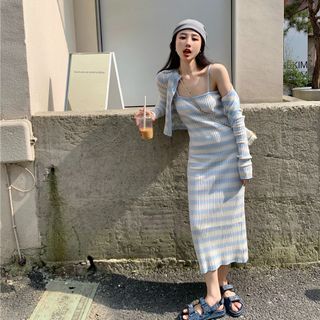 Momo Valley - Spaghetti Strap Striped Midi Knit Dress / Cardigan
