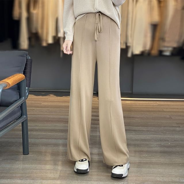 Weelop-Drawstring Waist Plain Knit Wide Leg Pants